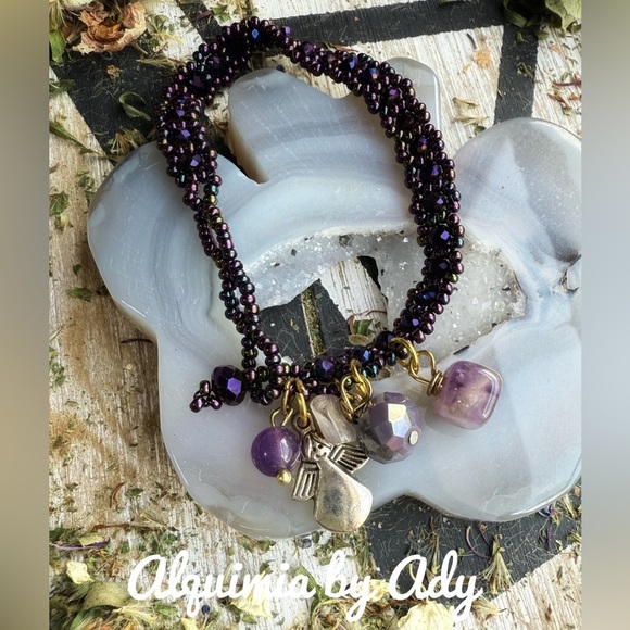 Amethyst gemstones in black adjustable cord/unisex amethyst charms bracelet - Picture 1 of 6